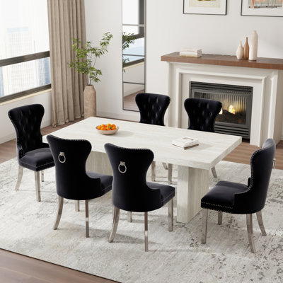  Cavira 7-Piece Modern Dining Set, Faux Marble Dining Table With Four Chairs, Black