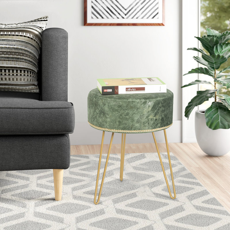 Velvet Round Footstool Ottoman, Green Velvet