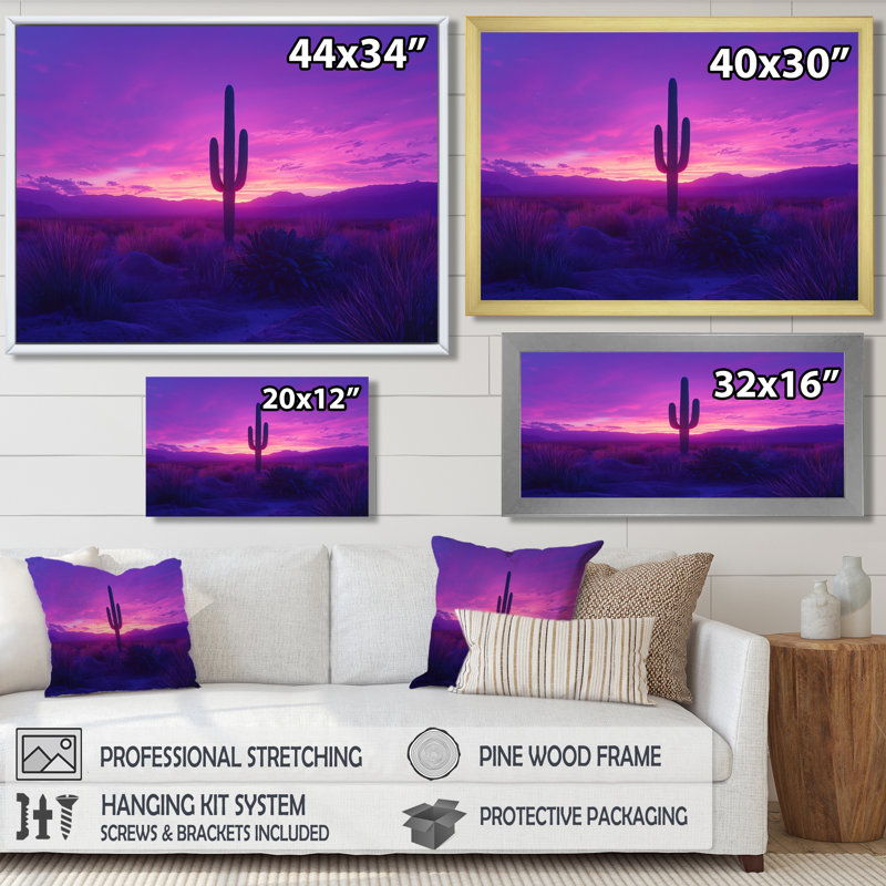 Marquasia lavande cactus au crépuscule I - art mural de cactus pour le salon, H 34 po x l 44 po, Cadre flottant