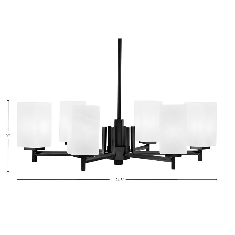 Lustre 6 lumières Franklin avec verre carré de 3,5 po en marbre blanc, Noir mat