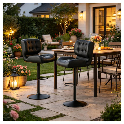 Ensemble de 2 tabourets de bar pivotants avec capitonnage à boutons, chaises de cuisine à hauteur réglable en cuir noir et métal
