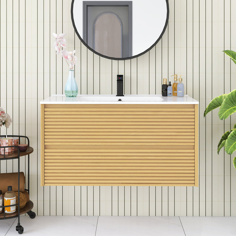 Wall-Mounted Single Bathroom Vanity Set With Ceramic Basin, Light Oak, 36"