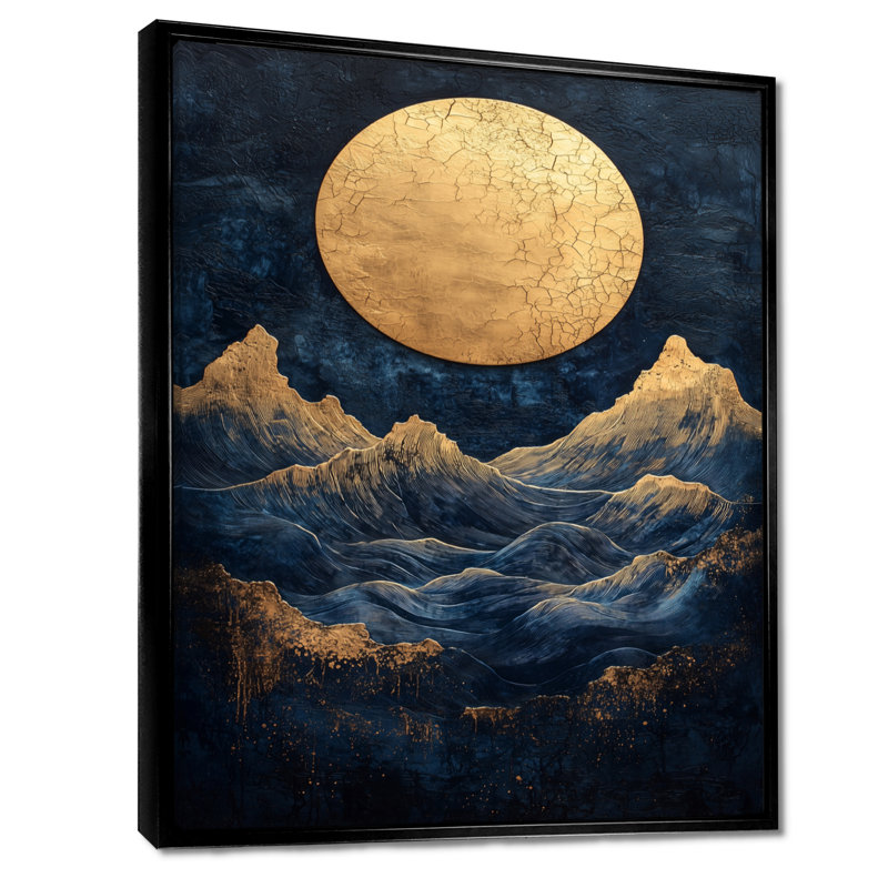 Décoration murale lune dorée sur un paysage côtier liquide II - lune, H 32 po x l 24 po, Noir