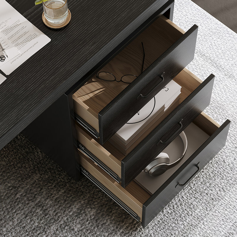 Bureau rectangulaire en bois massif noir avec 4 tiroirs, bureau