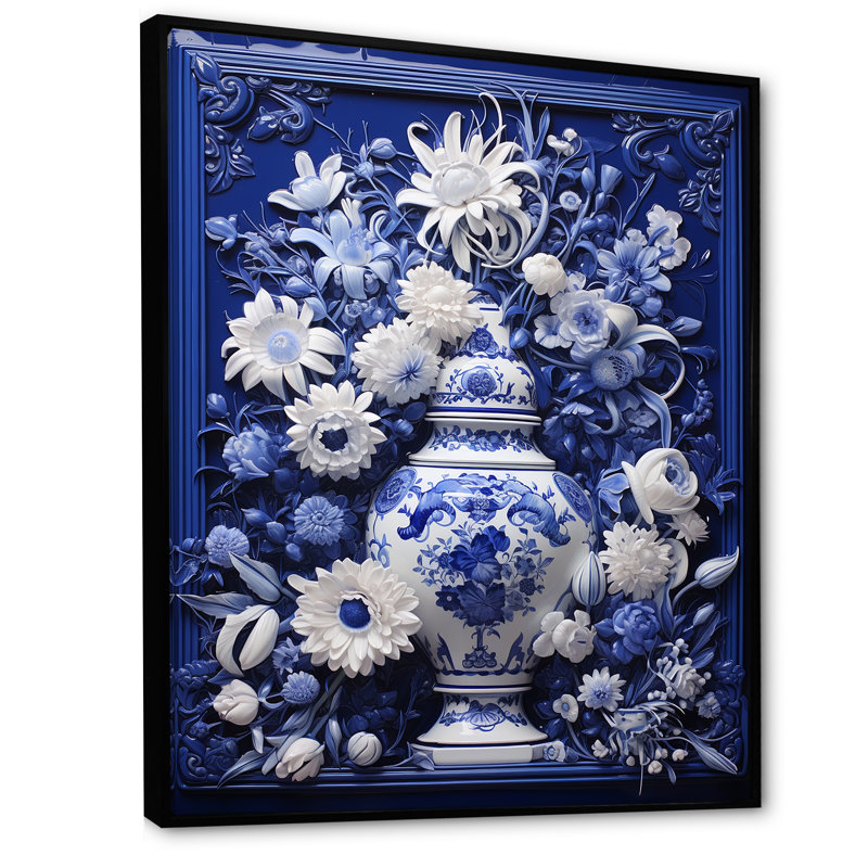 Bleu et blanc Boho plante poterie V - décoration murale bohème poterie, H 20 po x l 12 po x P 1 po, Cadre flottant noir