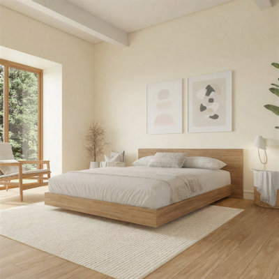 Satori Queen Size Low Profile Platform Bed With Headboard, Brown Oak