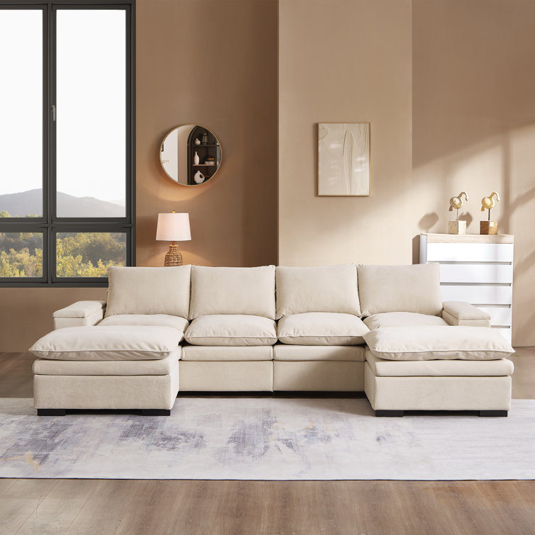 122" U Shaped Sofa,Modular Sectional Sofa, Terry Fabric Sectional Couch With Armrest Storage