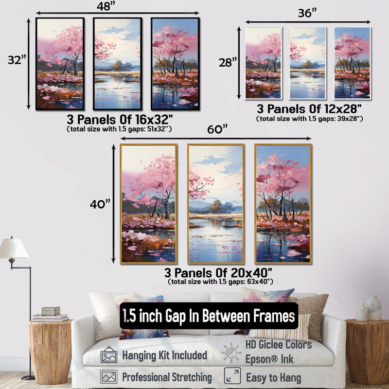 «Pink Trees Blooming In Country Charm I», ensemble d'art sur toile, Cadre flottant noir, H 32 po x l 48 po x P 1 po