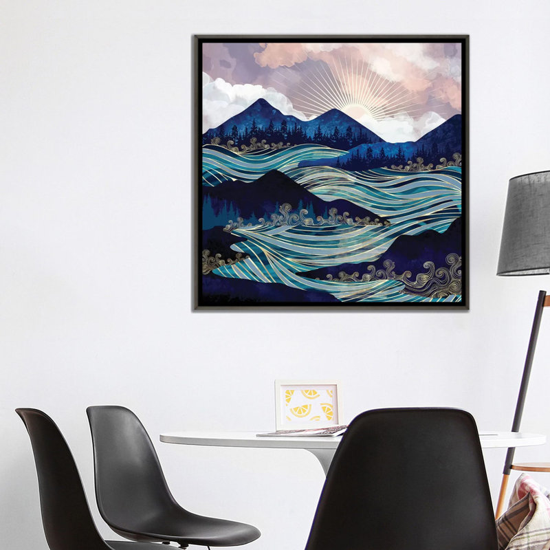 Ocean Sunrise - impression d'art graphique, H 37 po x l 37 po x P 1,5 po, Toile encadrée de bois rustique foncé, Aucun mat