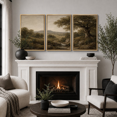 Antique Oak Valley Landscape Artwork, Living Room Pictures, Framed Canvas Giclee Print 3 Pieces Wall Art