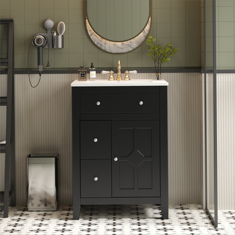 Meuble-lavabo moderne 24 po avec lavabo en céramique, meuble-lavabo pour salle de bain à 2 tiroirs, Noir