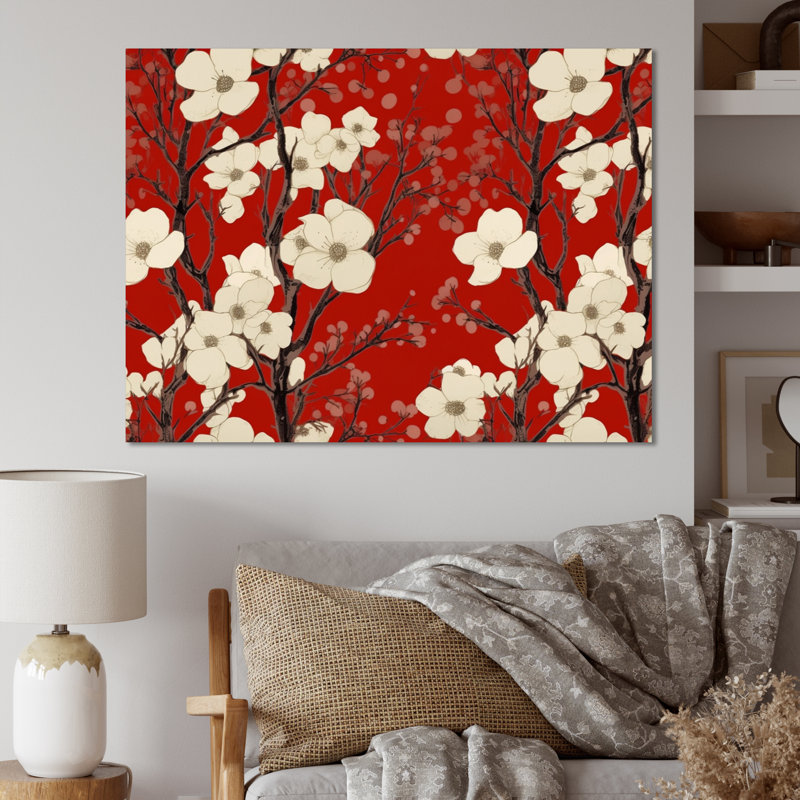 Élégance sur toile rouge et blanc Dogwood, H 34 po x l 44 po x P 1,5 po, Toile tendue