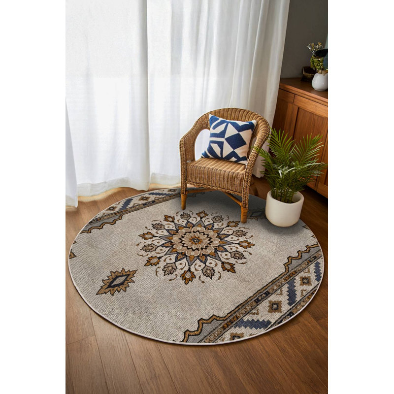 Tapis marocain beige en coton et polyester à imprimé numérique Albasa Collection, Rond 3 pi 4 po