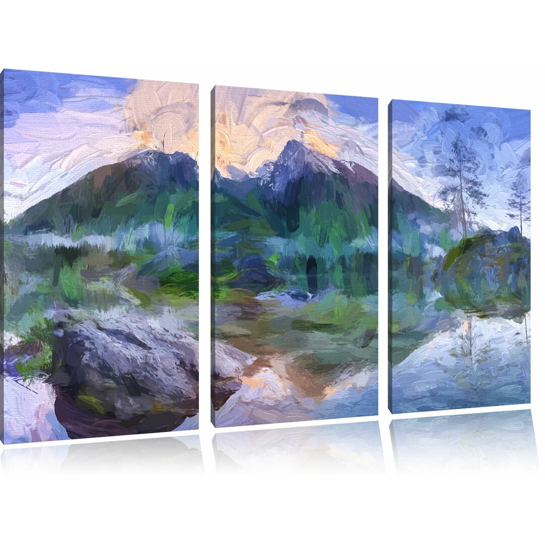 3-tlg. Leinwandbilder-Set „Sonnenaufgang am Hintersee“, Grafikdruck