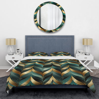 Ensemble de housse de couette dorée et verte à chevrons dorés
