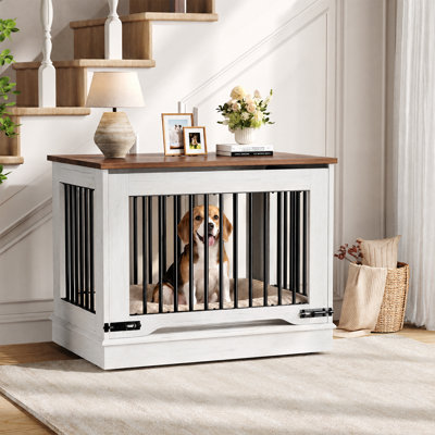 Wooden Dog Crate Furniture with Lift-up Door Design, Indoor Dog Kennel for Small/Medium/Large Dogs, End Side Table Kennel, Anti-Chew, Anti-Escape