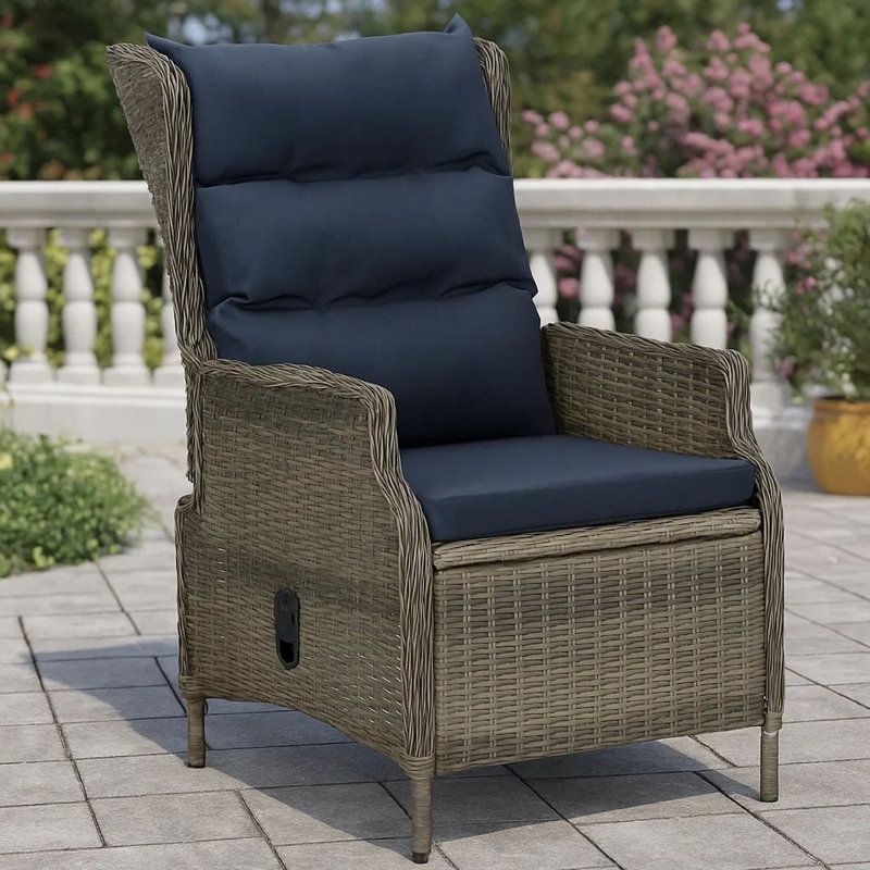 Fauteuil inclinable manuel d'extérieur, 2 coussins, rotin de polyester tissé brun