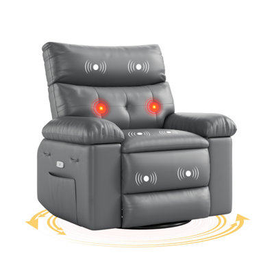Fauteuil inclinable surdimensionné en polyuréthane manuel, canapé pivotant à 30 ° pivotant à 30 ° avec massage par vibration à 8 points et chaleur lombaire, accoudoirs rembourrés pour le salon, gris