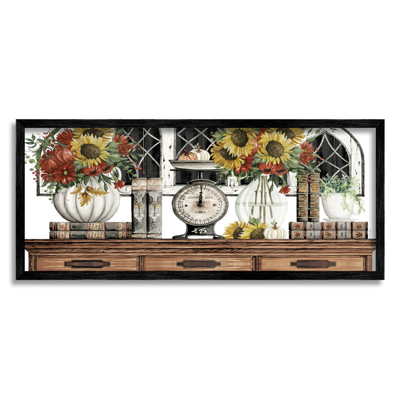 Tournesols sur des meubles antiques, Giclée encadrée noir minuit, H 10 po x l 24 po x P 1,5 po