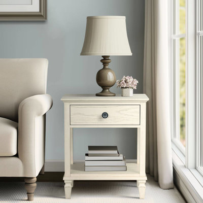 Table de chevet crème pour chambre à coucher avec tiroir simple et tablette, conception de table de chevet classique, finition en bois naturel, assemblage requis, largeur de 24 pouces, profondeur de 28,5 pouces de hauteur, surface de couchage, finition