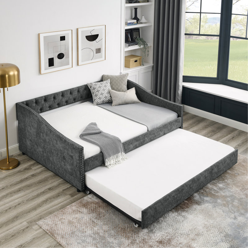 Full Size Daybed With Twin Size Trundle Upholstered Tufted Sofa Bed, With Button On Back And Copper Nail On Waved Shape Arms,Grey (80.5"X55.5"X27.5")