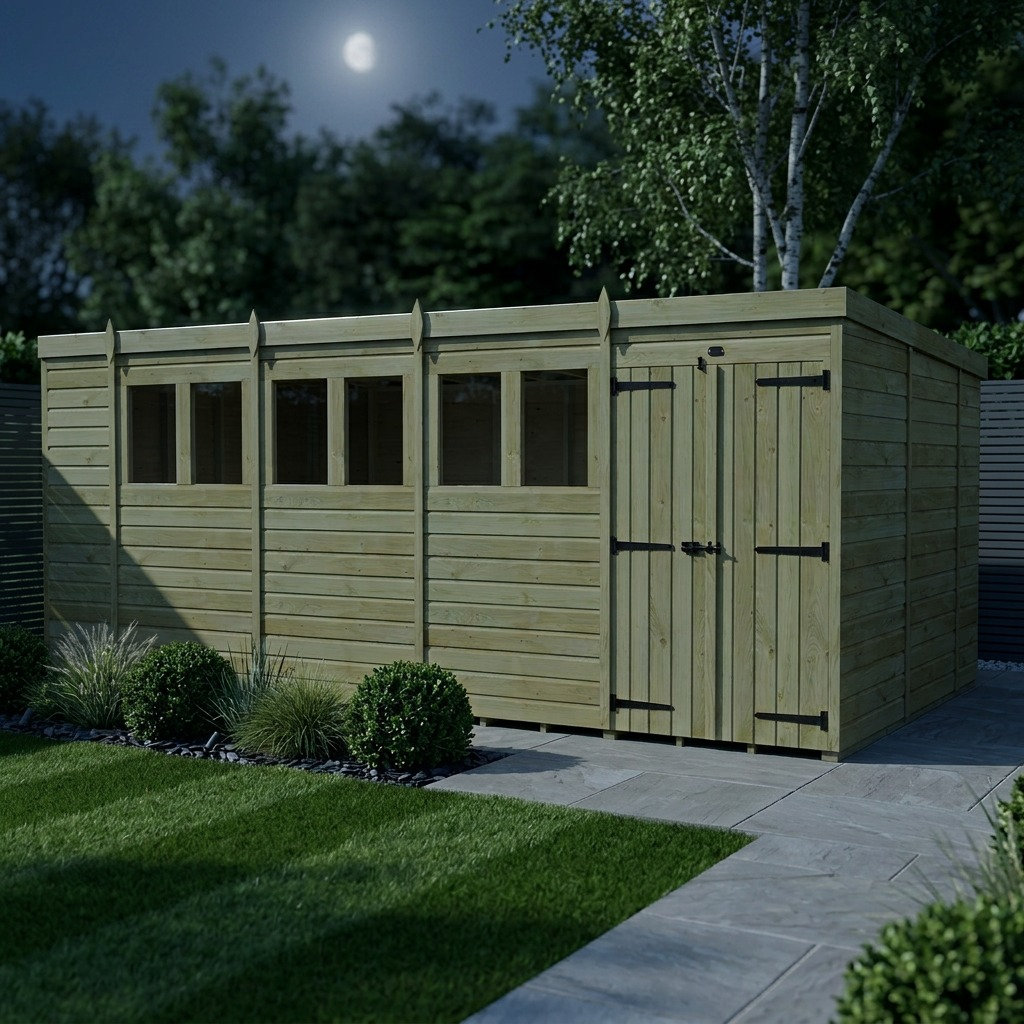 Total Sheds 18ft x 10ft Pent Garden Shed - Double Door - With Windows - Pressure Treated Timber - UK Manufactured
