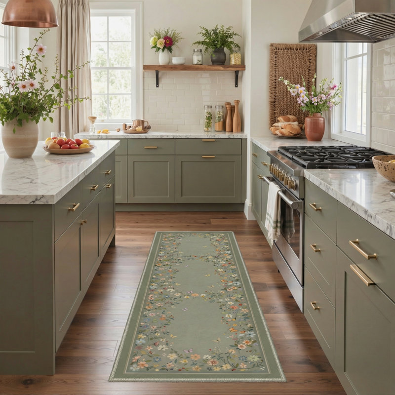 Alameda Aura Floral Machine Washable Green / Yellow / Pink Indoor Area Rug with Non-Slip Backing, Runner 2' x 6'