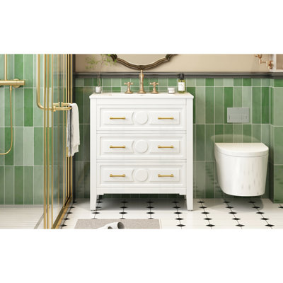 Meuble-lavabo classique 30 po avec 3 tiroirs, tableau de haute qualité et meuble-lavabo en céramique de style rétro avec tiroirs équipés pour le rangement