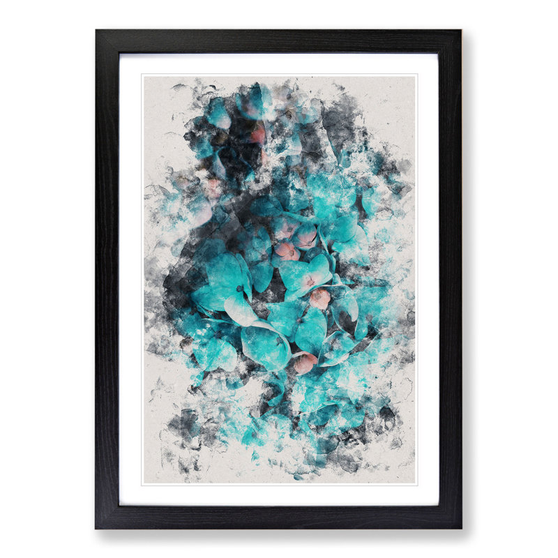 Teal Blue Hydrangeas - Picture Frame Painting, 65cm H x 48cm W x 2cm D, Black Framed
