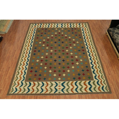 Tapis oriental brun à motif géométrique kilim 12 x 15