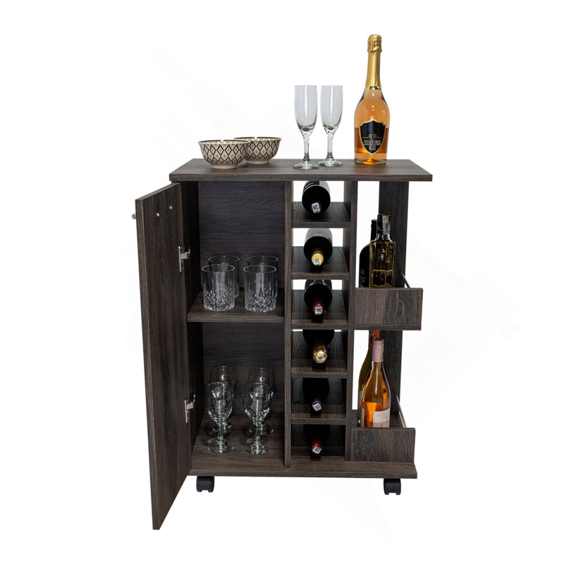 Bar Cart, Two External Shelves, Four Casters, Six Built-in Wine Rack, Single Door Cabinet, Dark Gray