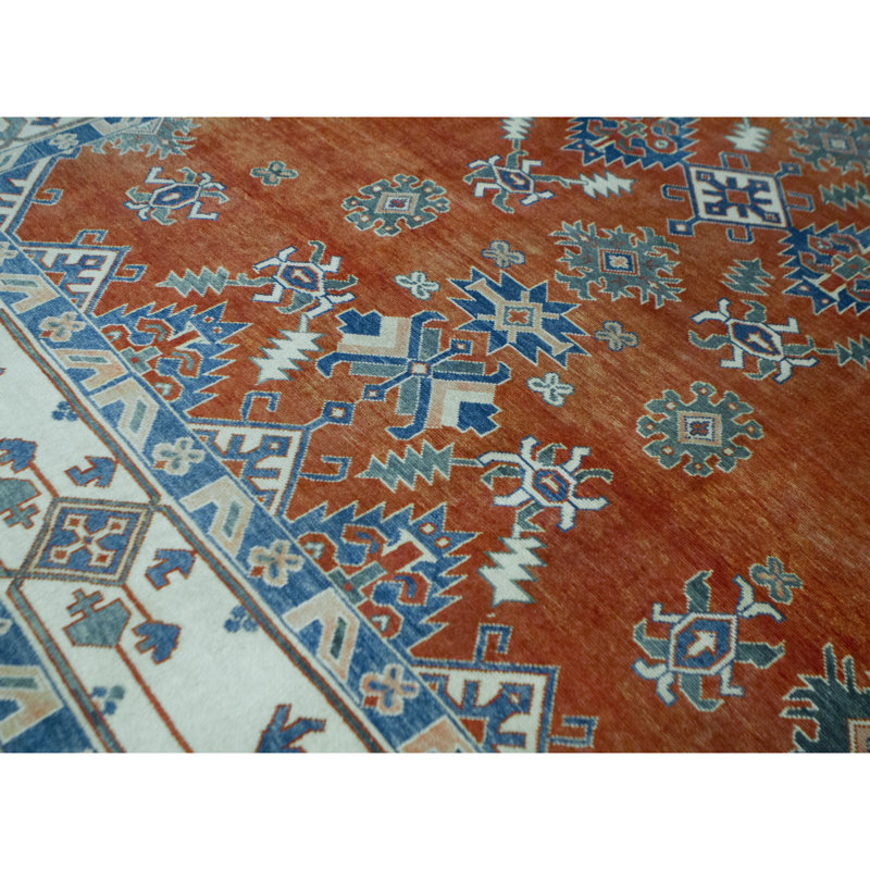 Wool Oriental Area Rug in Rust/Ivory/Blue, Rectangle 4'2" x 6'2"