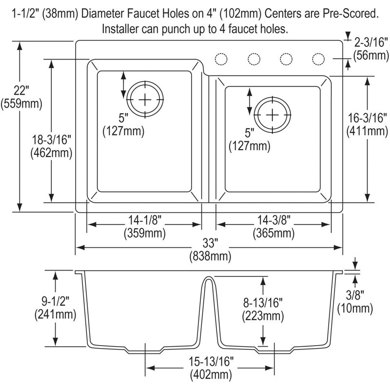 Évier de cuisine à double cuve à montage sur plan 33 po x 22 po x 9 1/2 po Quartz Classic, Pierre grise
