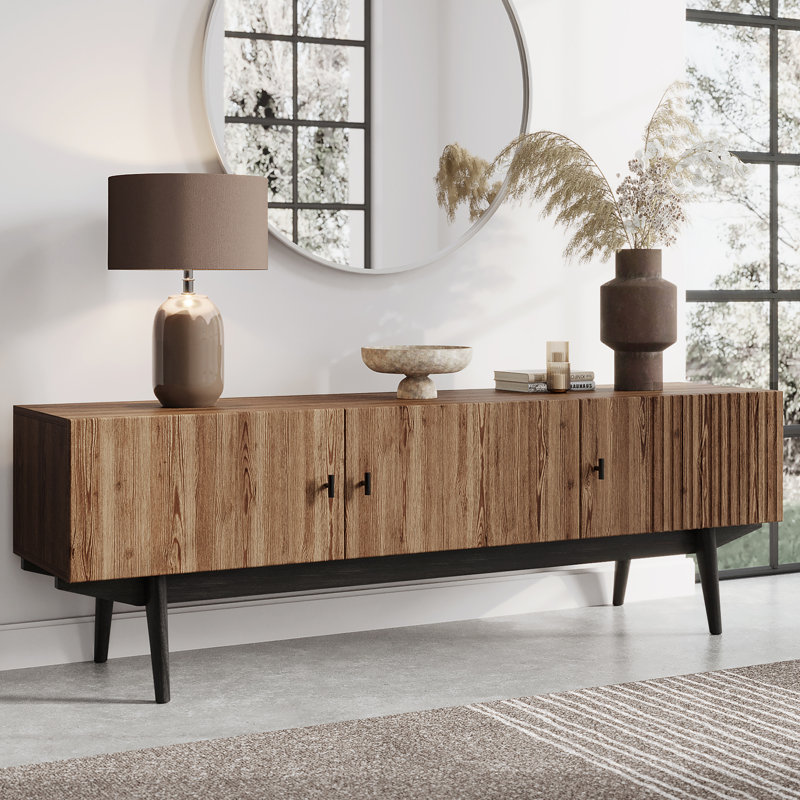 Mid-Century Walnut and Black 59" TV Stand with Cabinet