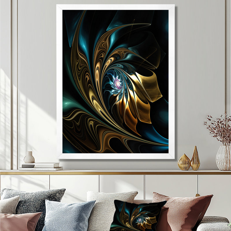 Fleur noire dorée moderne - art mural fleur fractale, impression avec fleur noire, H 40 po x l 30 po, Cadre flottant, Blanc
