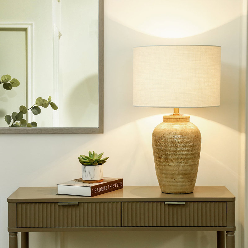 Ridgemoor 58cm Bedside Table Lamp with Polyresin Base For Bedroom Furniture, Buffet Lamp with Linen Shade, Brown