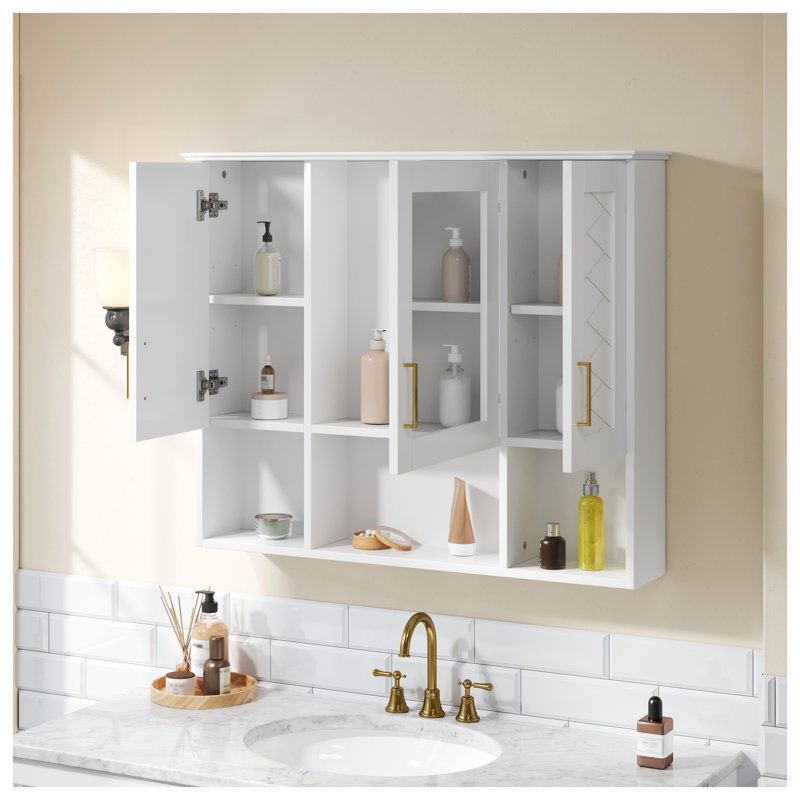 Armoire à pharmacie murale l 35 po x H 28,7 po avec tablettes réglables, rangement en bois massif blanc et panneau de fibres à densité moyenne avec miroir