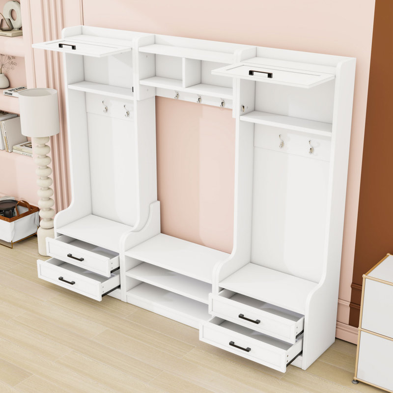 Detachable Hall Tree with Hooks, Drawers & Cabinets, Entryway Shoe Bench with Dividers, White