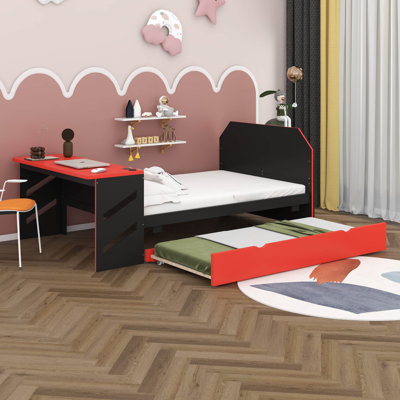 Full Size Wood Daybed With Twin Size Trundle, Gaming Bed With Desk And USB For Kids Adults, Space-Saving Design