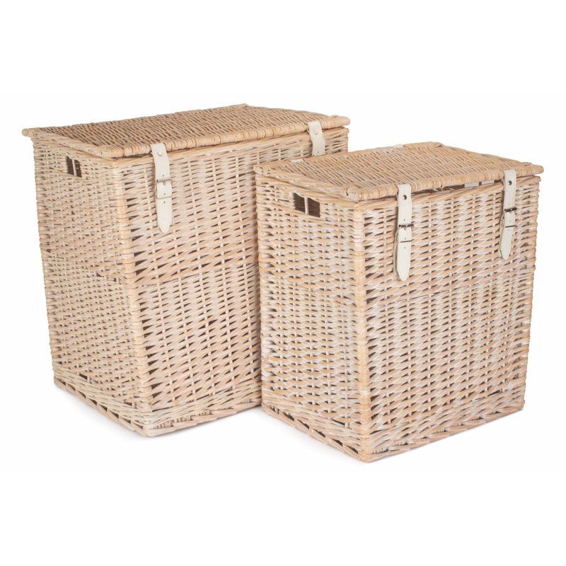 Wicker 2 Piece Vintner Storage Hamper Basket Set, White Wash