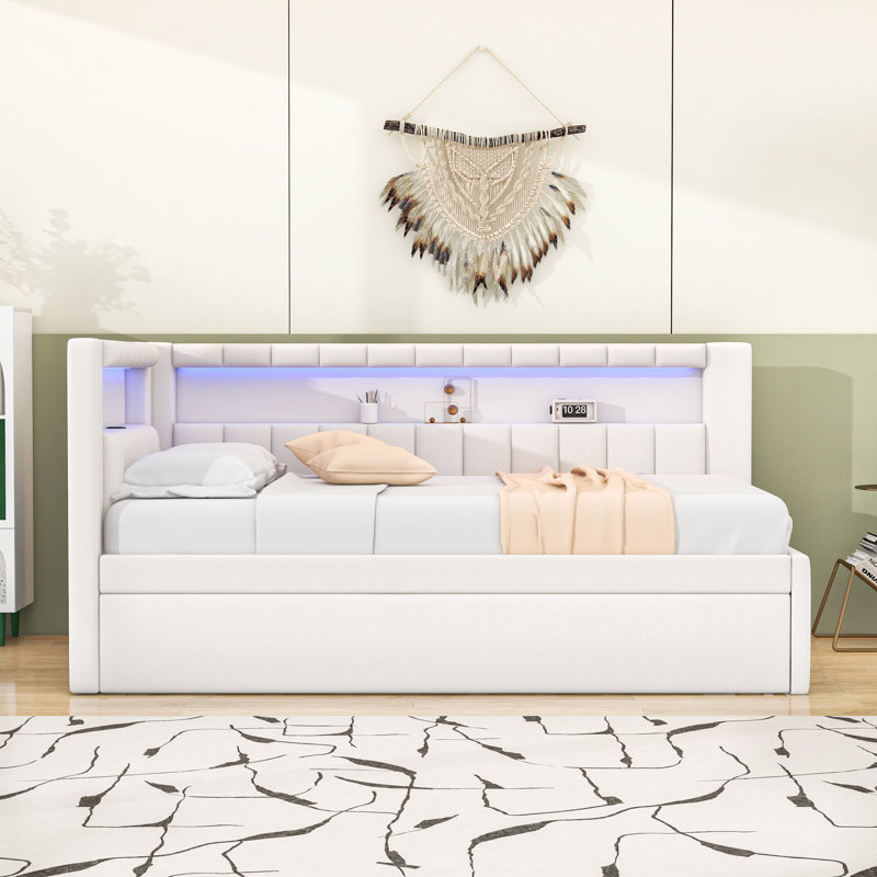 Upholstered Twin Daybed with Trundle, LED Lighting and USB Ports, White