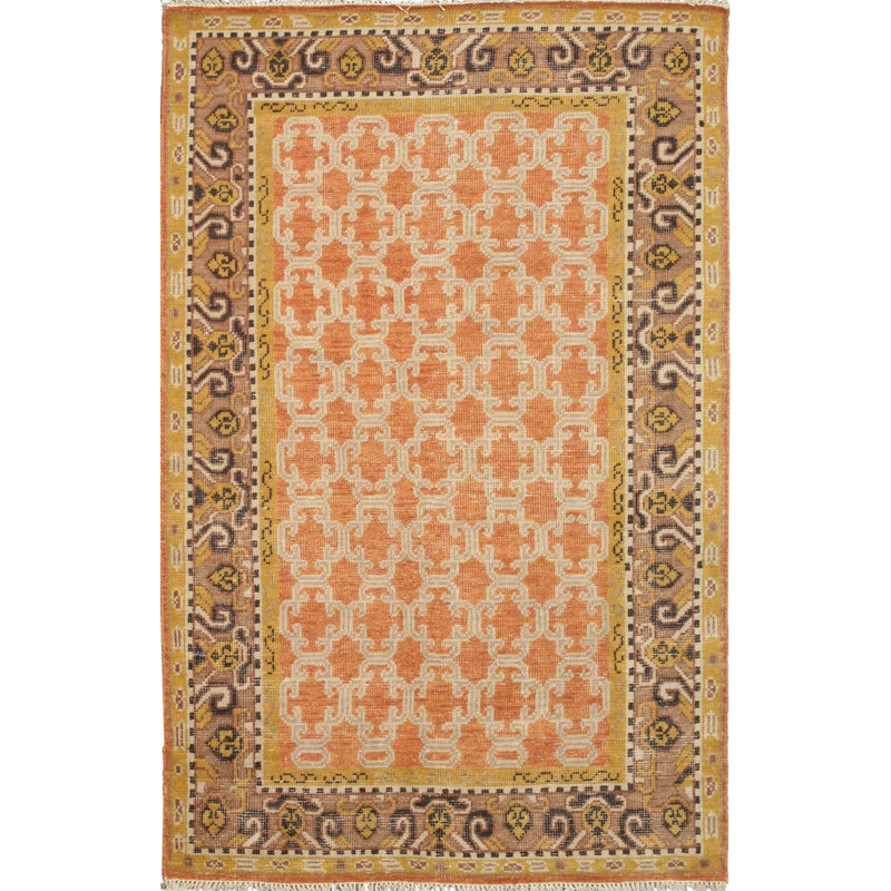 Tapis jaune à motif géométrique moderne en laine noué à la main jaune, 6 pi x 9 pi