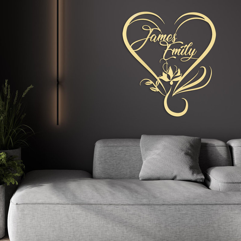 Art mural en métal cœur, signe de noms de couple, cadeau de mariage, cadeau d'anniversaire, décoration de chambre à coucher, décoration murale amour, cadeau de maison