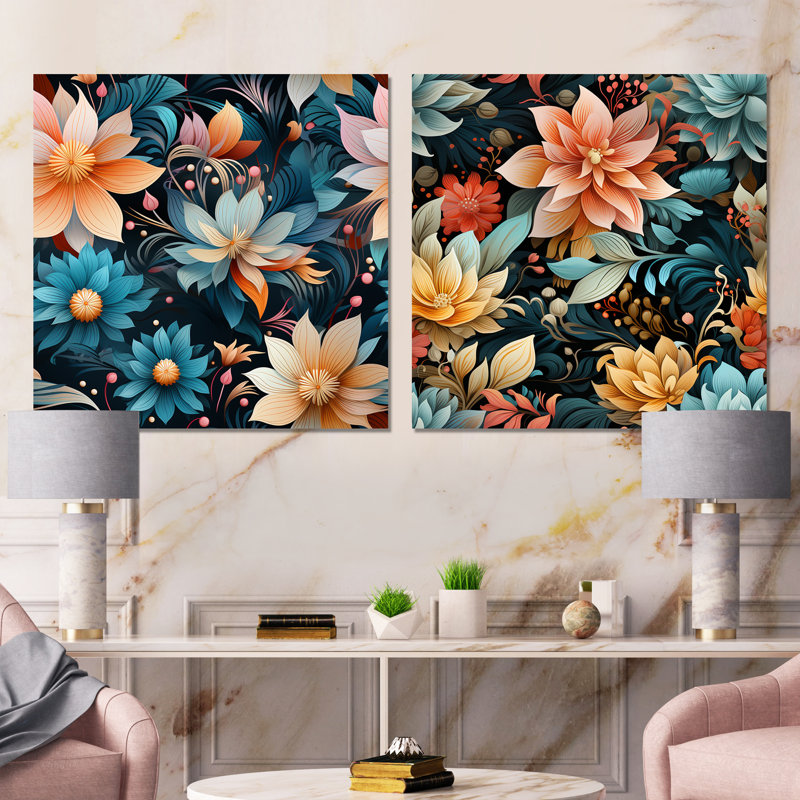 Layana - Ensemble de 2 carrés décoratifs floraux en métal, H 16 po x l 32 po