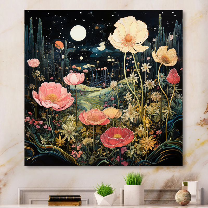 Enigma, fleurs de jardin roses et vertes 1 - tachisme, art mural, H 36 po x l 36 po