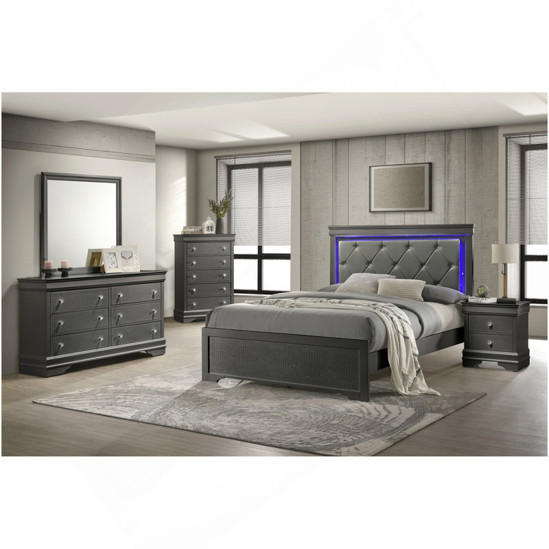 Grand lit rembourré de style moderne Blaze avec tête de lit à DEL et bois gris métallique, Gris métallisé