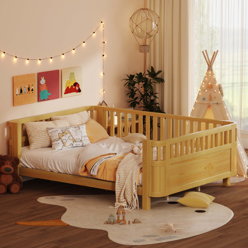 Grand lit plateforme en bois, lit en bois à profil bas avec rails pour garçons et filles, blanc, Naturel