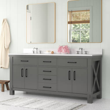 Akright 72 Double Bathroom Vanity Set Everly Quinn Base Finish: Light Brown, Top Finish: Black