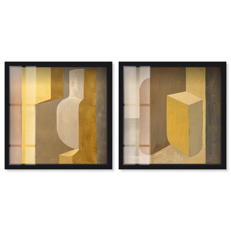 Columnar Forms Diptych Shadowbox Print Beige Wall Decor Set by Art Remedy, White Frame, 24 x 24, 31" H x 31" W, Black Frame