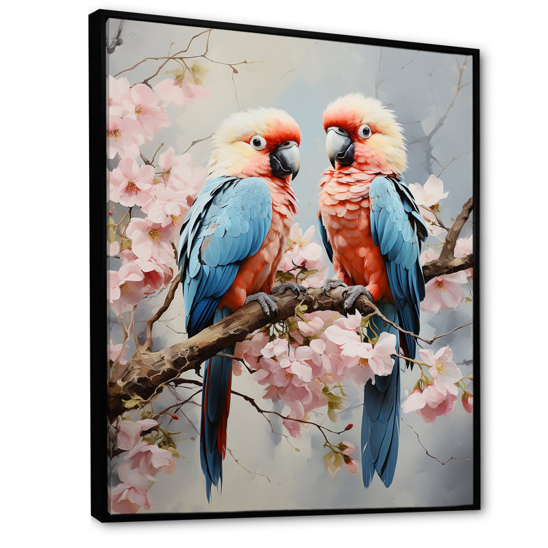 Perroquets tropicaux chuchotés sur toile, Cadre flottant noir, H 32 po x l 16 po x P 1 po